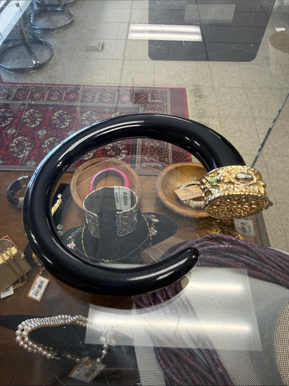 Black Lucite C-Shaped Statement Necklace with Ornate Gold End